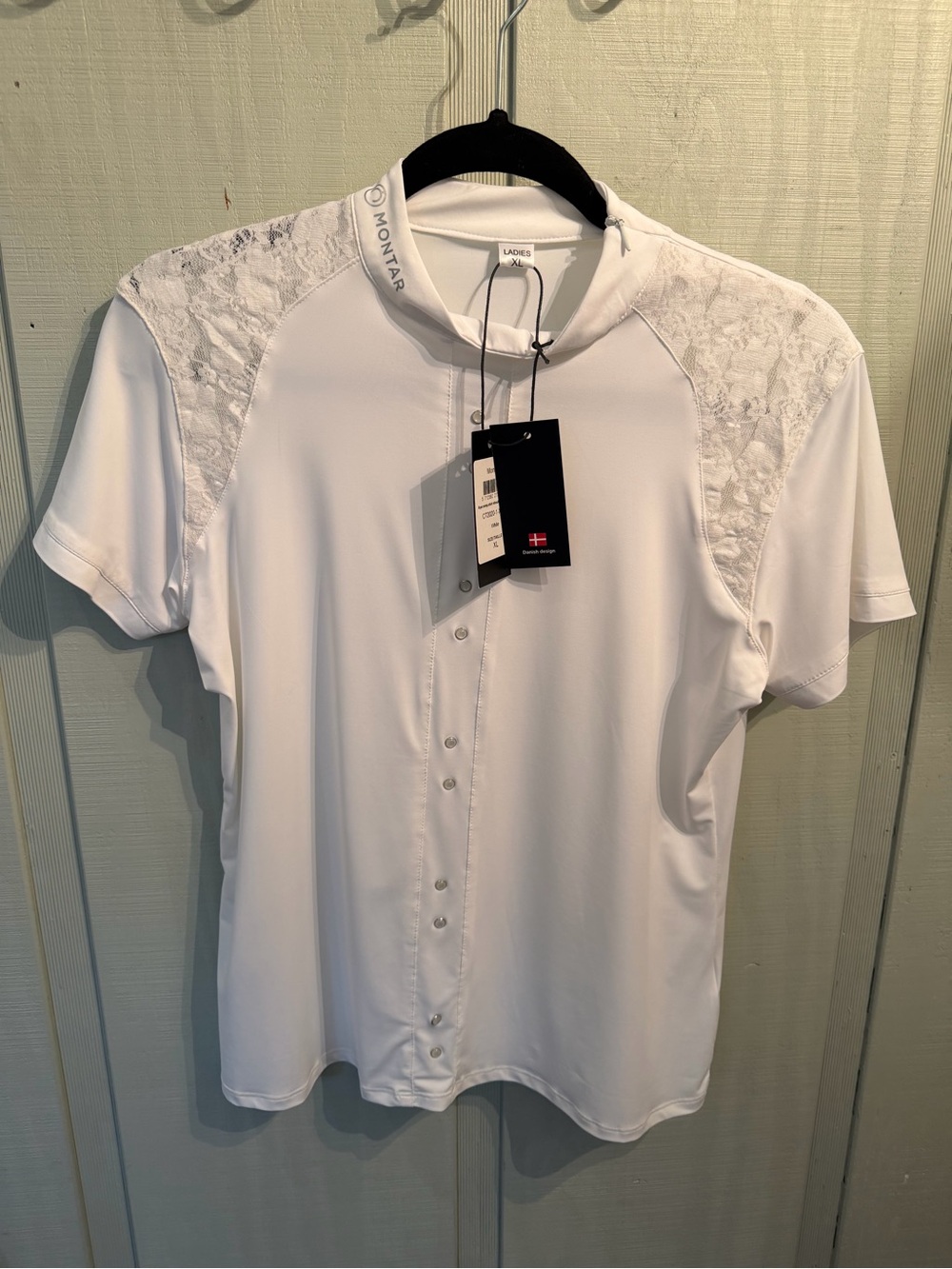 Montar Equestrian Women’s White Lace-Shoulder Short Sleeve Riding Shirt
